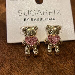 Sugarfix by Baublebar Teddy Bear Pink Heart Earring Gold Tone Bling Stud Dangle